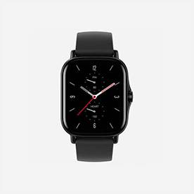 Black smartwatch with red details on dial