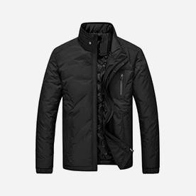 Black men's insulated jacket on white background.