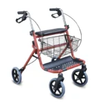 Red four wheel medical walker with seat and basket