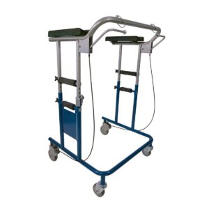 Blue medical walker with wheels and armrests