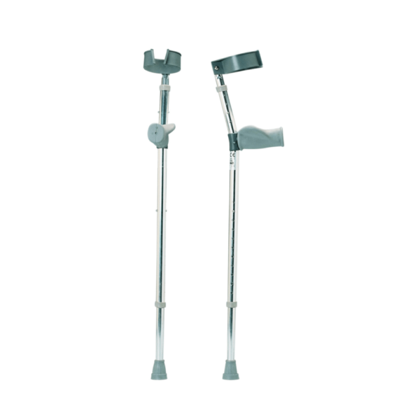 Adjustable aluminum crutches on white background.