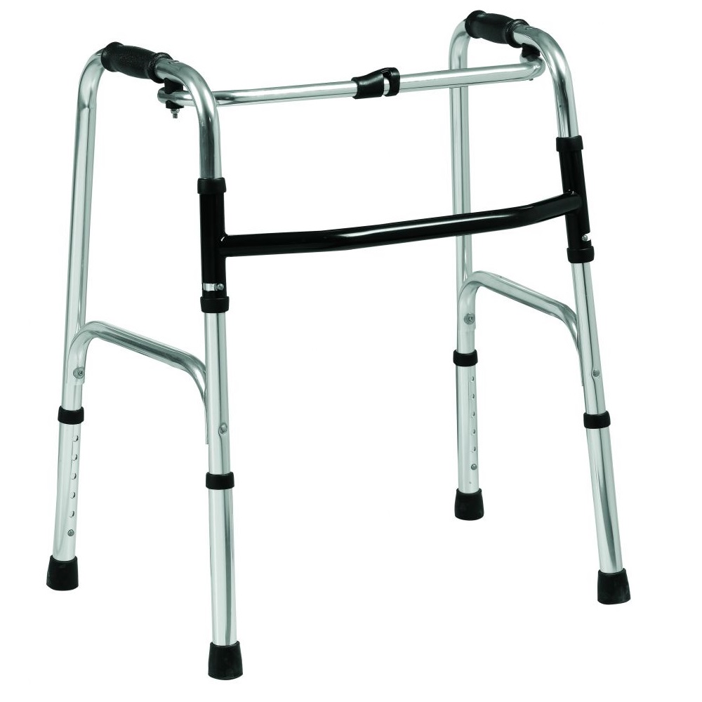 Adjustable height silver medical walker with black grips