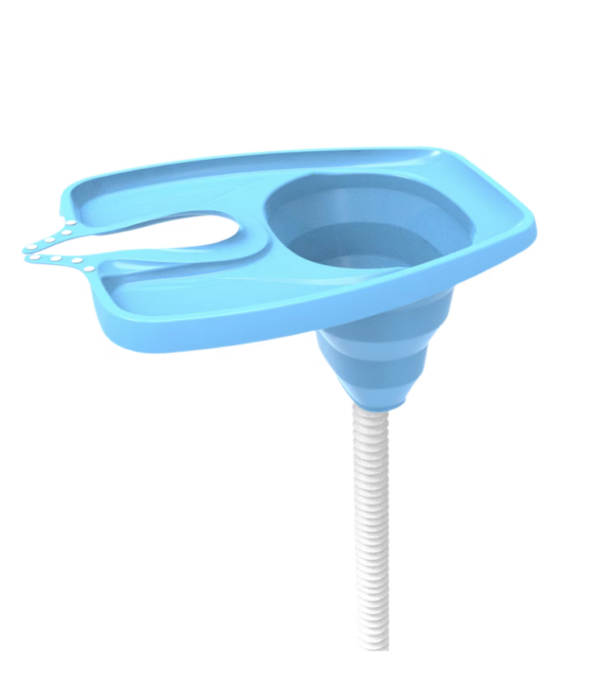 Blue plastic funnel with flexible tube isolated