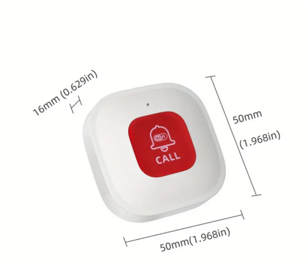 White call button with dimensions shown on sides