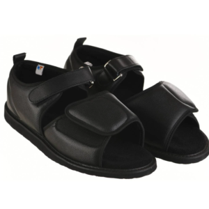 Black orthopedic sandals with adjustable straps on white background