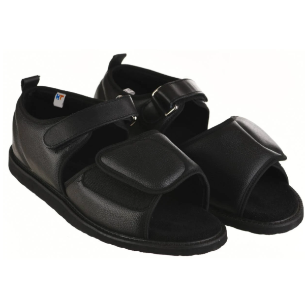 Black orthopedic sandals with adjustable straps on white background