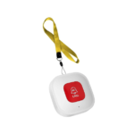 Portable emergency call button with yellow lanyard.