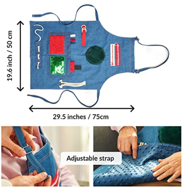 Blue children's sensory activity apron with adjustable straps