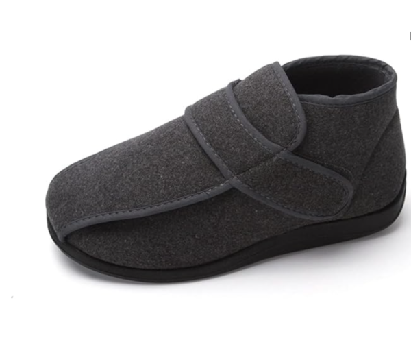 Gray orthopedic shoe with Velcro strap isolated