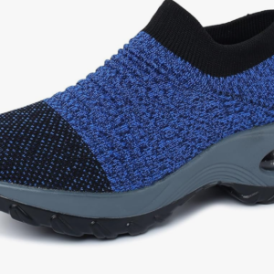 Blue and black knit men's athletic sneaker.