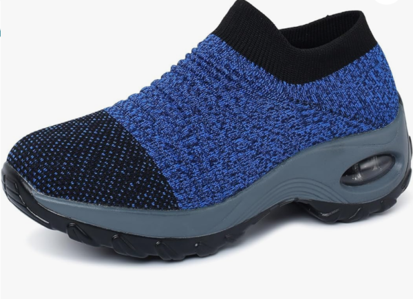 Blue and black knit men's athletic sneaker.