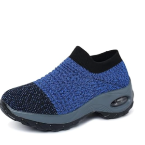 Blue and black knit slip-on sneaker shoe