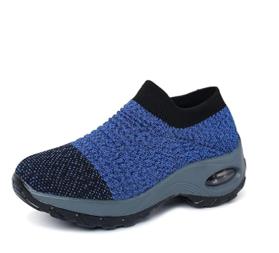 Blue and black knit slip-on sneaker shoe