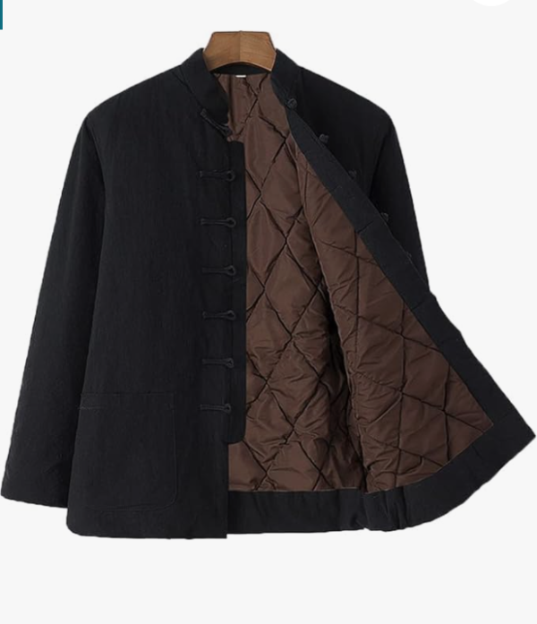 Black traditional jacket with quilted lining on display