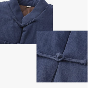 Close up of blue shirt button knot detail