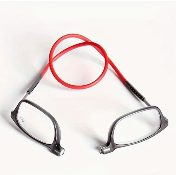 Red and black frame eyeglasses on white background.