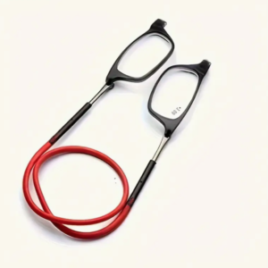 Black eyeglasses with red cord on white background