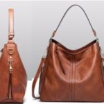 Brown leather handbag side and front view.