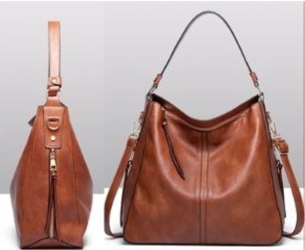 Brown leather handbag side and front view.