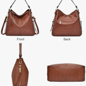 A brown leather shoulder bag shown from various angles