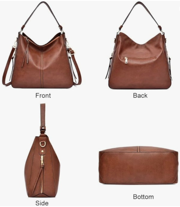 A brown leather shoulder bag shown from various angles