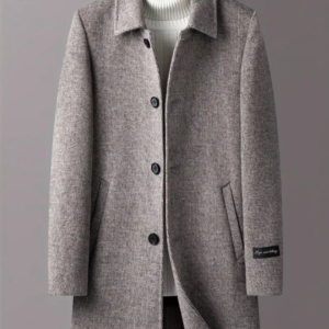 Grey overcoat with white sweater on display