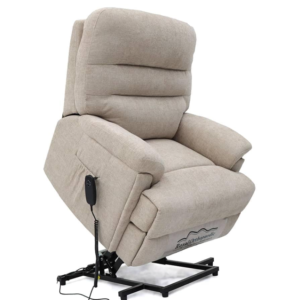 Beige fabric power lift recliner chair isolated