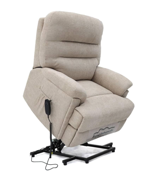 Beige fabric power lift recliner chair isolated