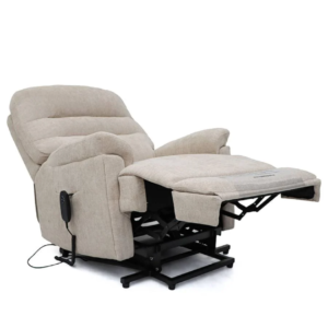 A fabric-upholstered beige recliner with an extended footrest.