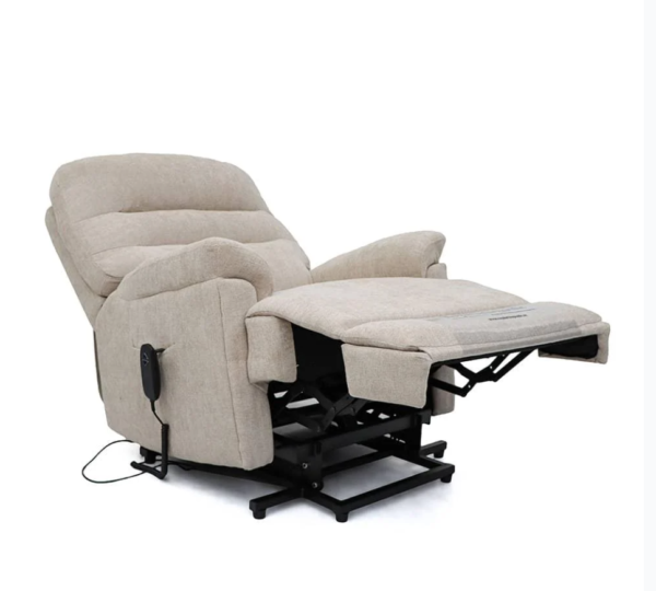 A fabric-upholstered beige recliner with an extended footrest.