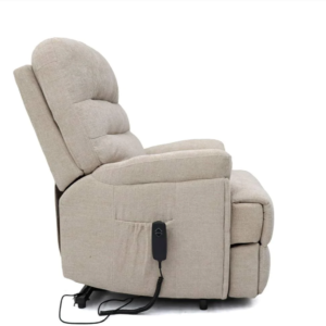 Beige electric recliner chair with remote control.