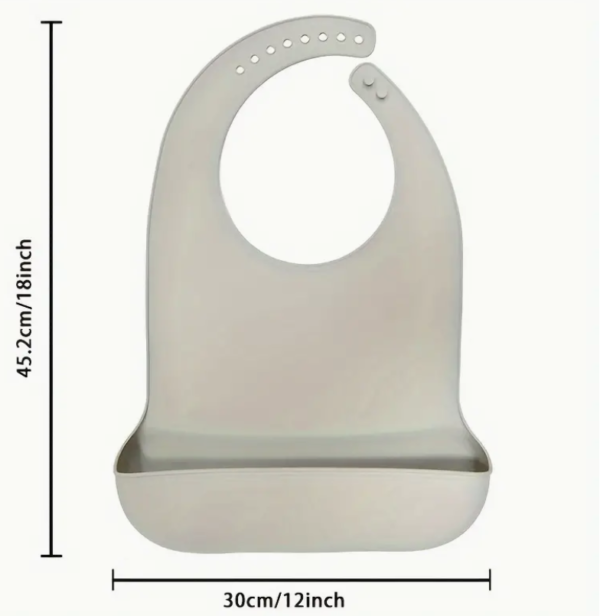 Silicone baby bib in gray with adjustable neck.