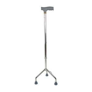 Adjustable quad cane for stability on white background.