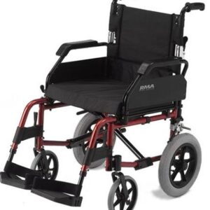 Red and black manual wheelchair with footrests