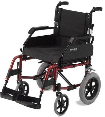 Red and black manual wheelchair with footrests